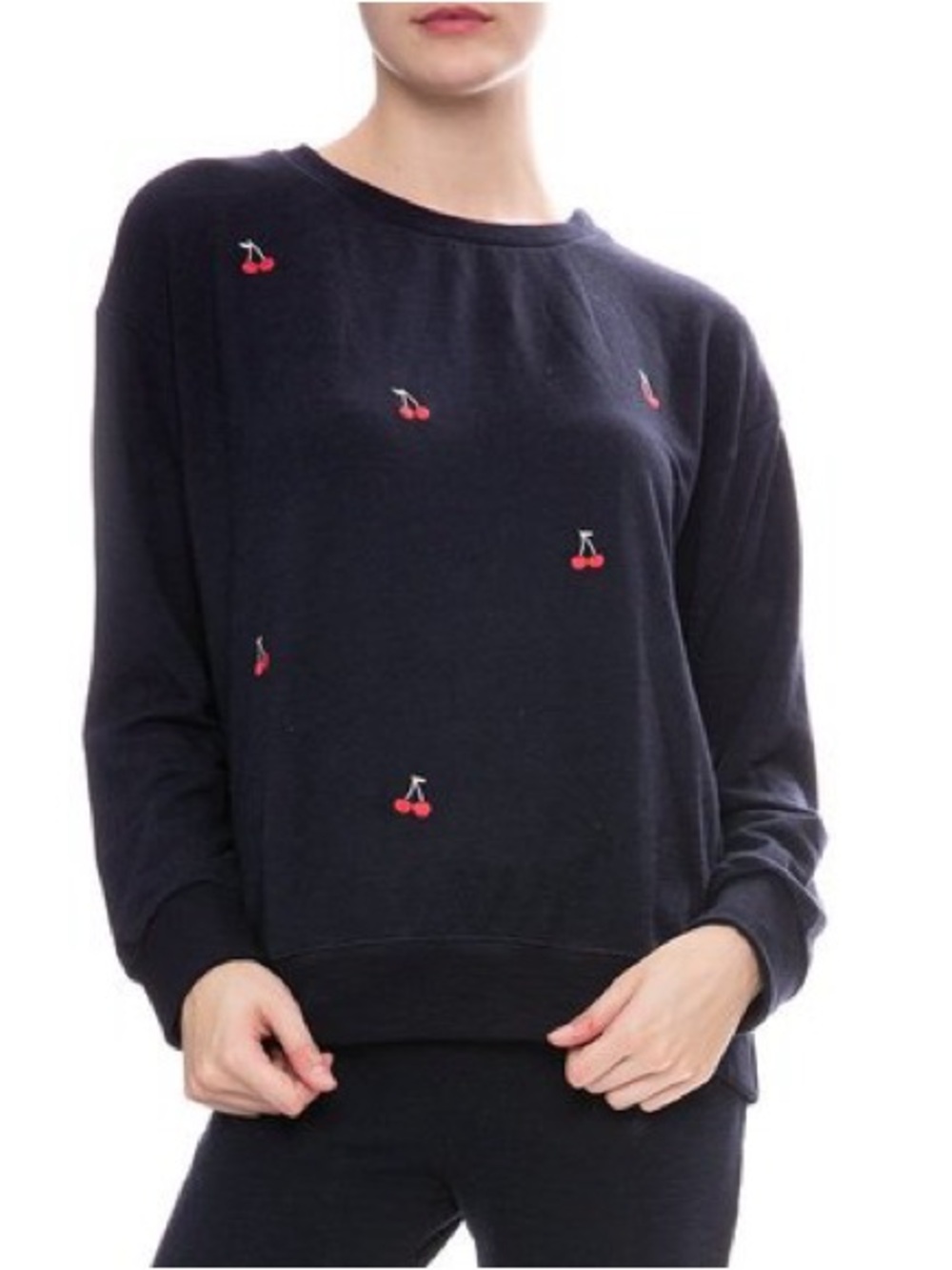 Sundry Navy Sweatshirt with Red Cherries Embroidery